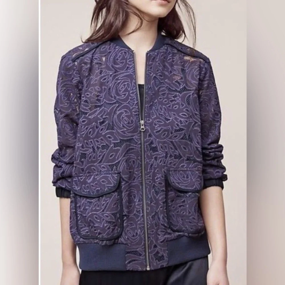 Anthropologie Elevenses Navy Blue Lace Bomber Jacket - Picture 3 of 16